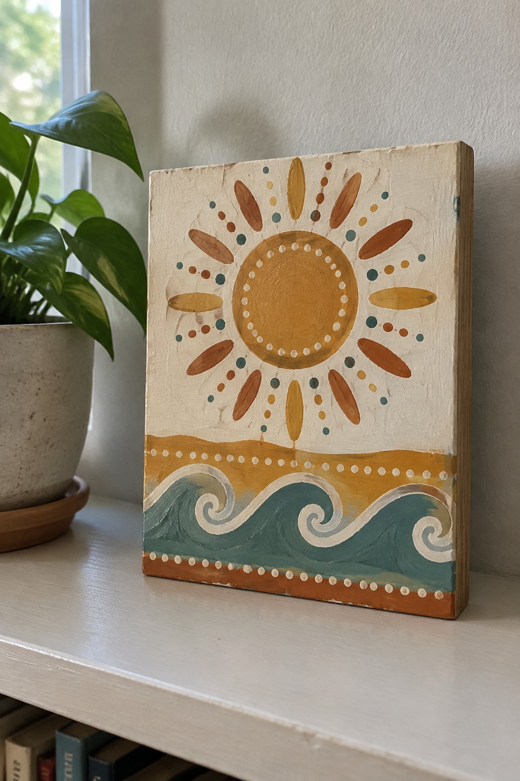 Colorful sunburst and wave painting on canvas beside potted plant on windowsill