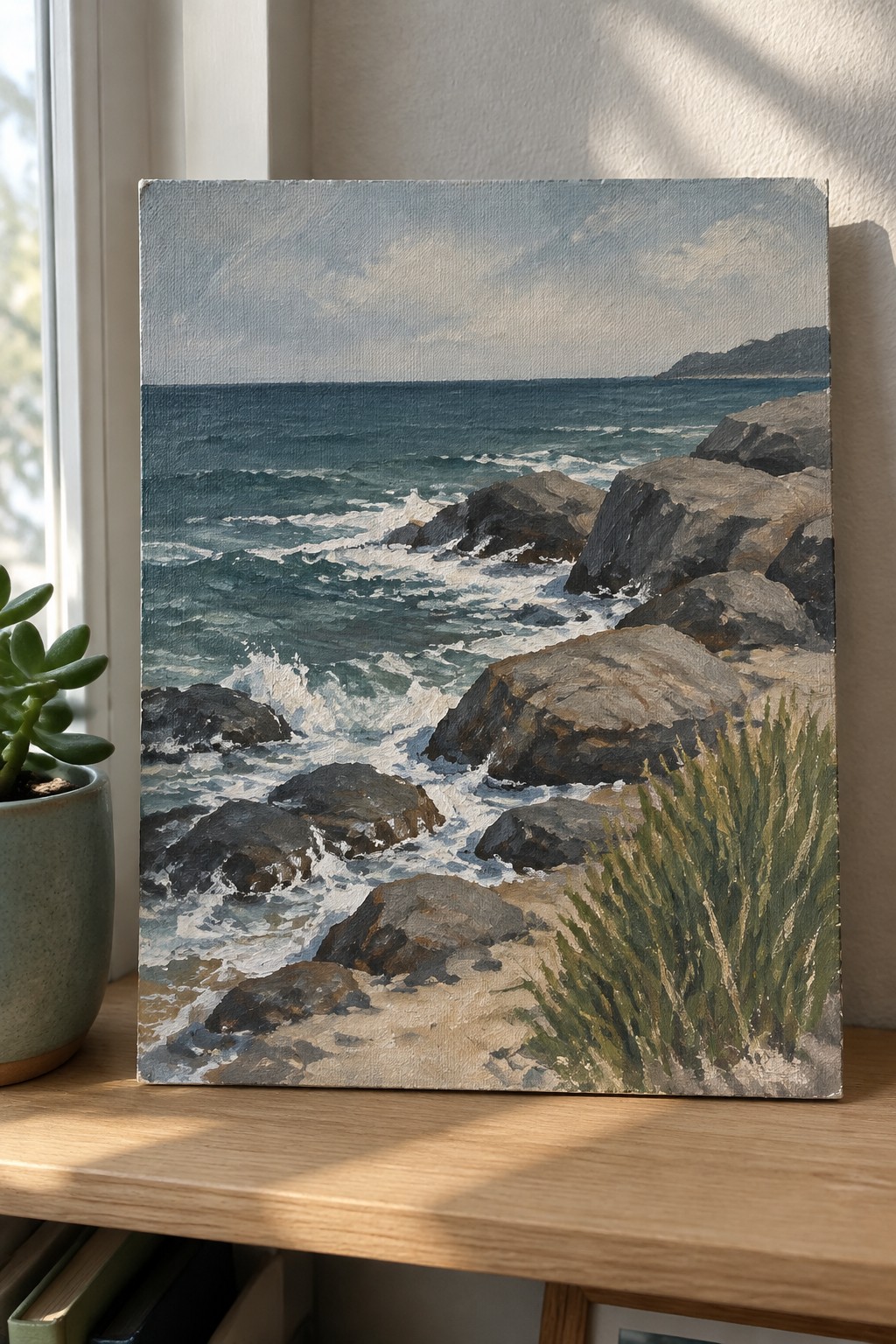 Oil painting of rocky coastline with crashing waves beside potted plant on wooden table