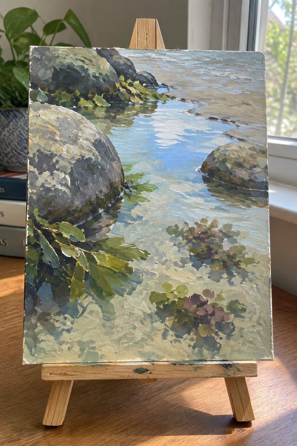 Oil painting on wooden easel depicting rocky shoreline with blue water and green foliage.