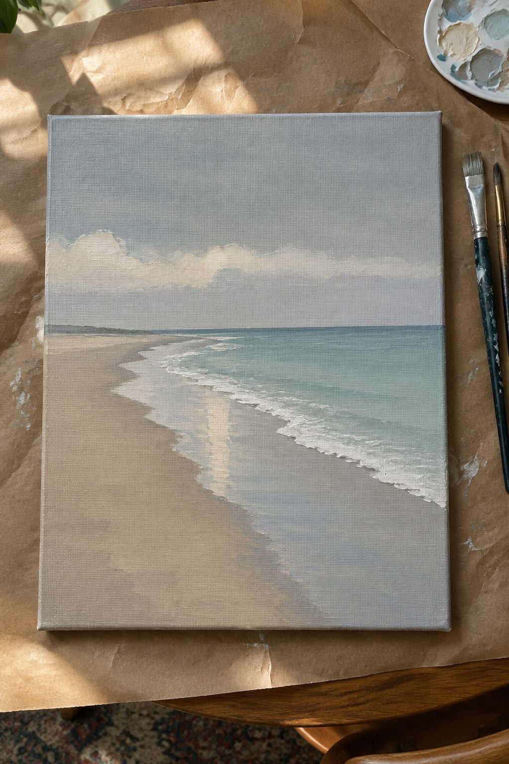 Seascape painting on canvas of beach, turquoise waves, and cloudy sky with brushes nearby