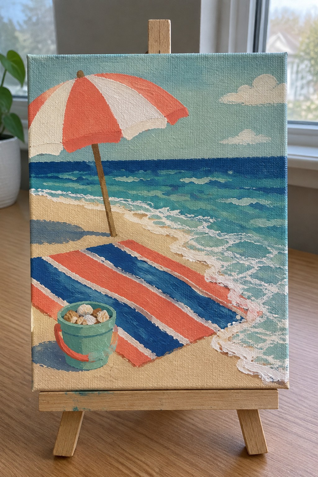 Colorful beach painting on easel with striped umbrella, towel, waves, and seashell bucket