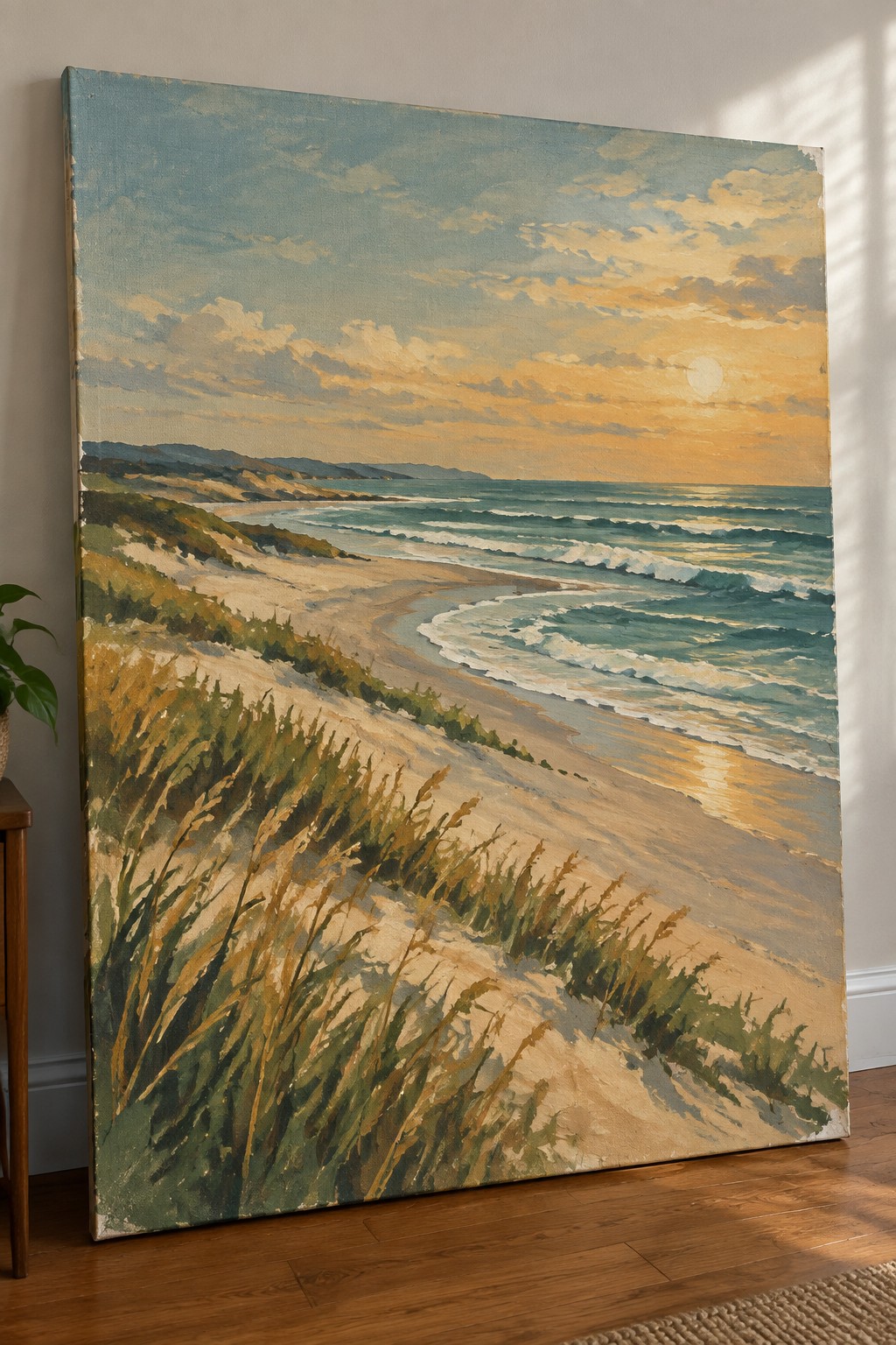 Large seascape painting of sunset beach with waves and dunes leaning on wood floor