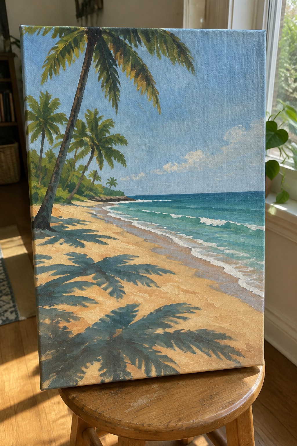 Tropical beach painting with palm trees and waves on wooden stool indoors.