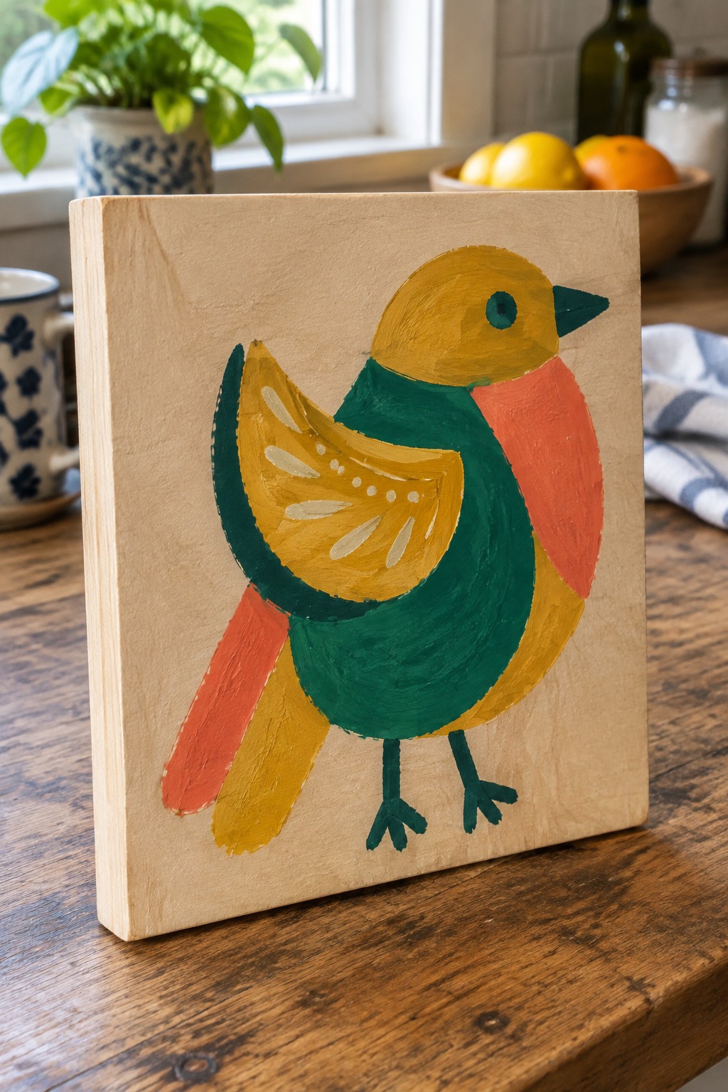 Colorful stylized bird painting on wooden plaque with yellow head and green body