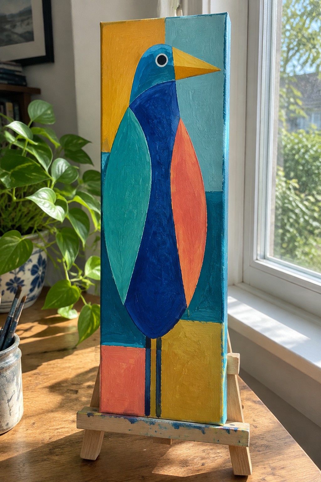 Colorful abstract bird painting with bold geometric shapes on wooden easel by window