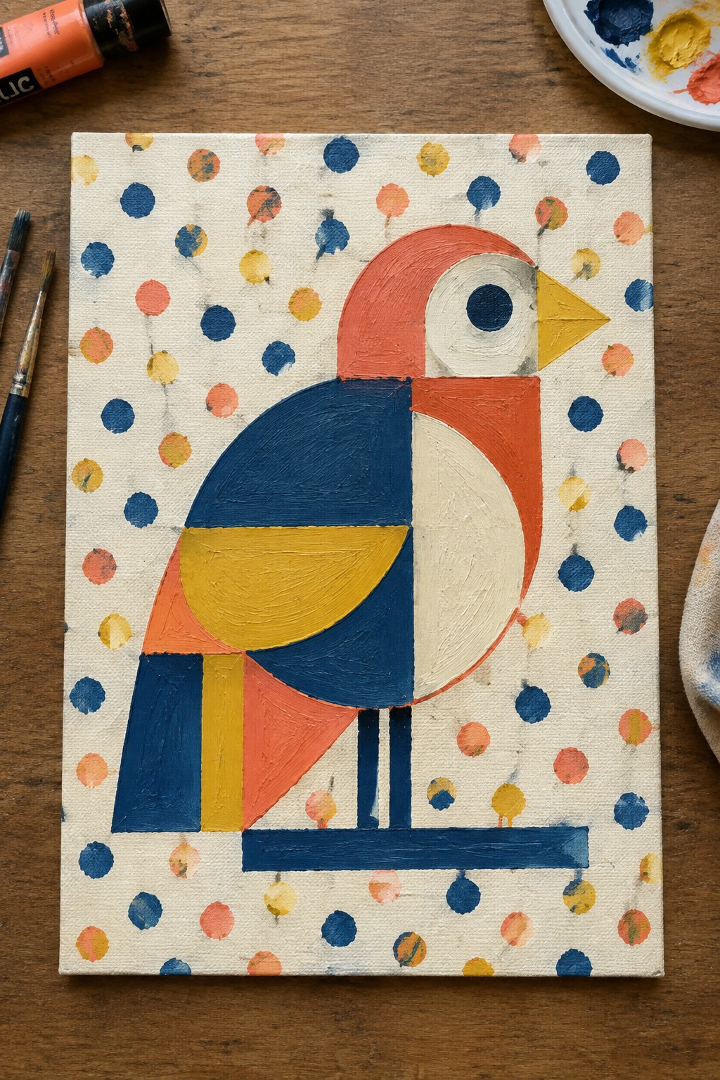 Colorful geometric bird painting on polka-dotted canvas with paintbrushes and palette nearby