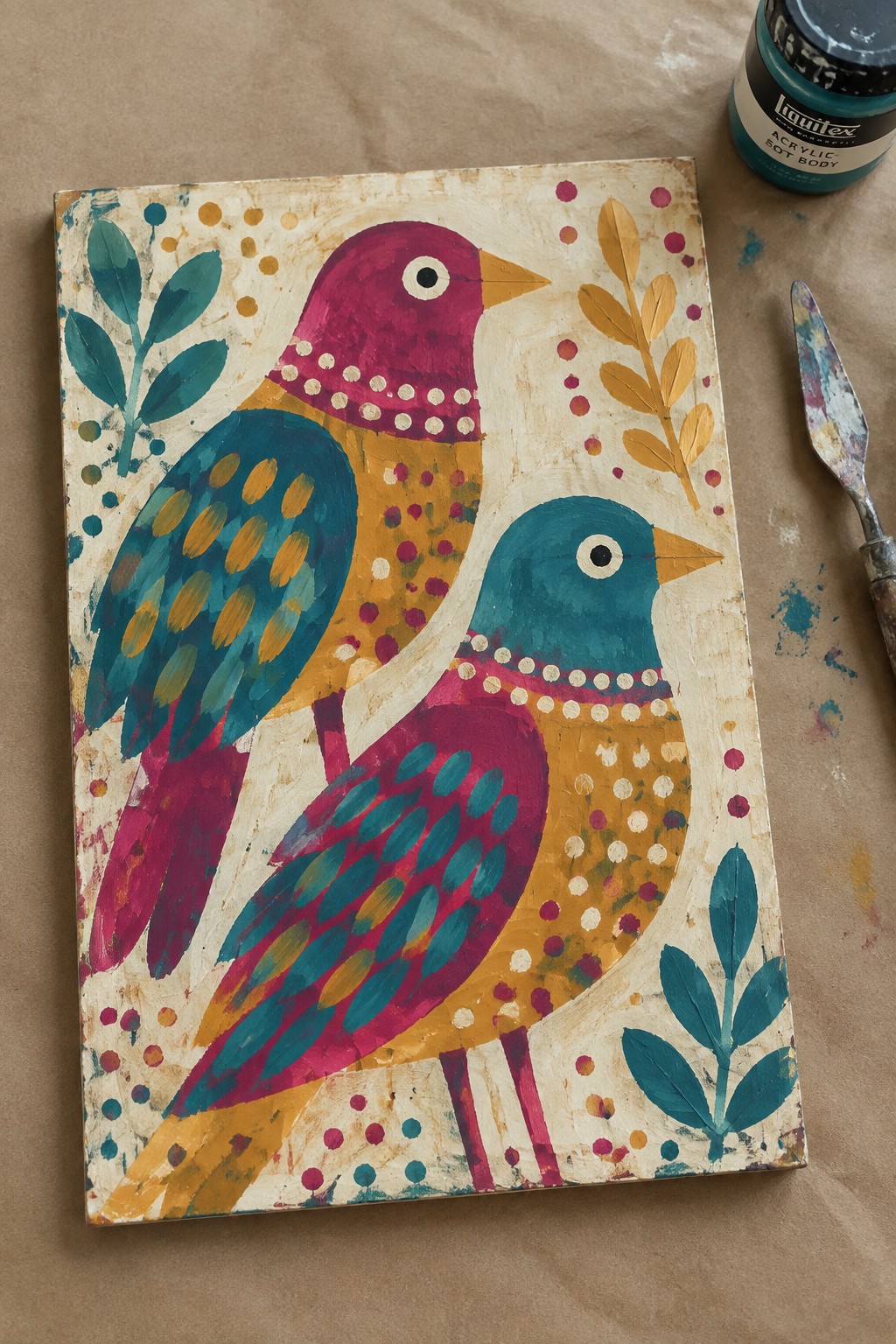 Two vibrant folk-art birds on canvas beside paint jar and palette knife
