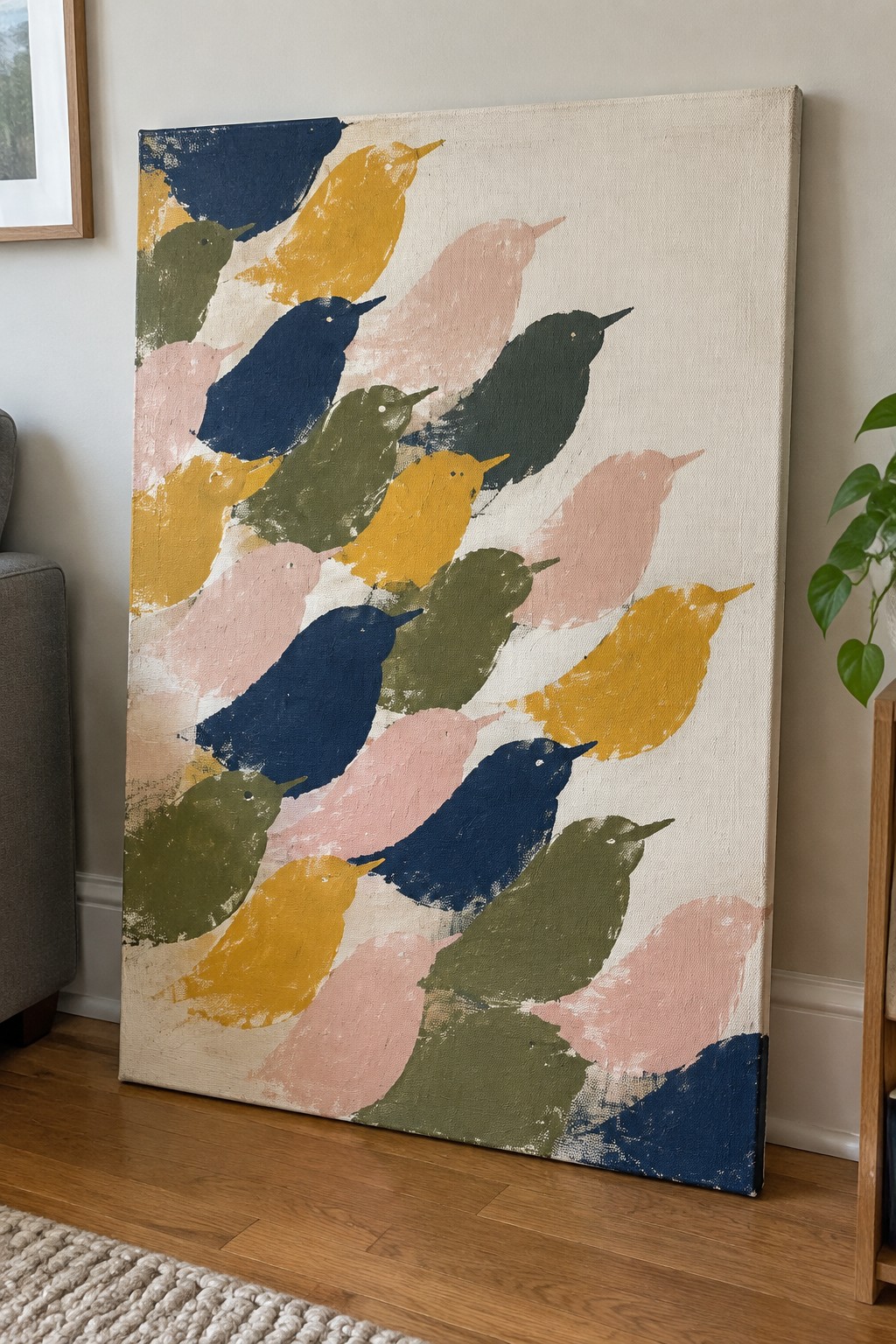 Abstract canvas painting of stylized birds in navy, yellow, pink, and green