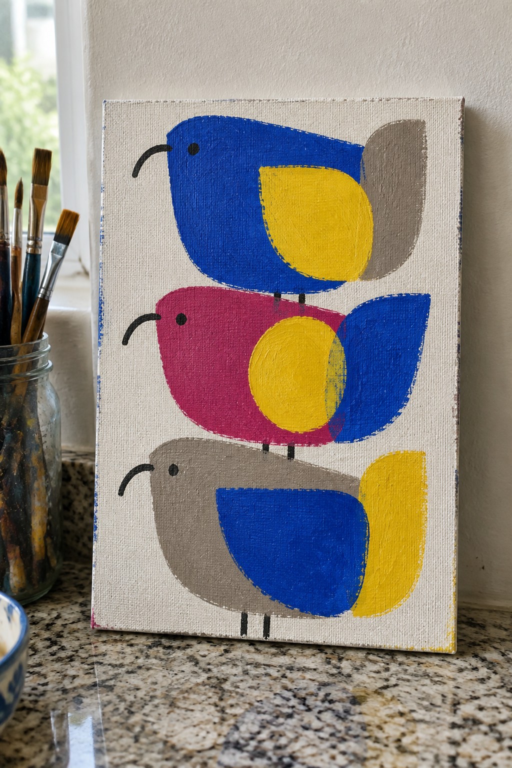Three stacked abstract birds in blue, pink, gray, and yellow on canvas