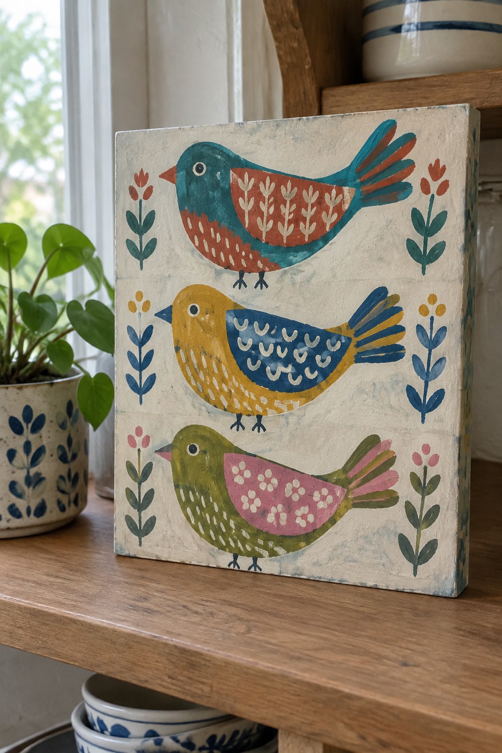 Three colorful folk-art birds painted on a distressed wooden block with floral borders.