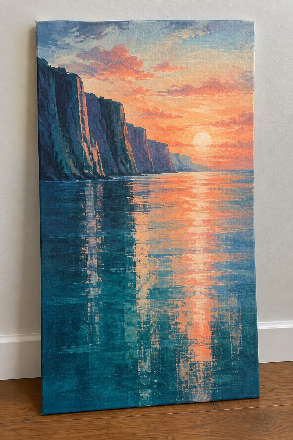 Vibrant painting of steep cliffs reflected in a calm ocean at colorful sunset.