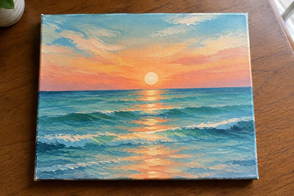 Oil painting of blue waves reflecting pink-orange sunset over calm sea