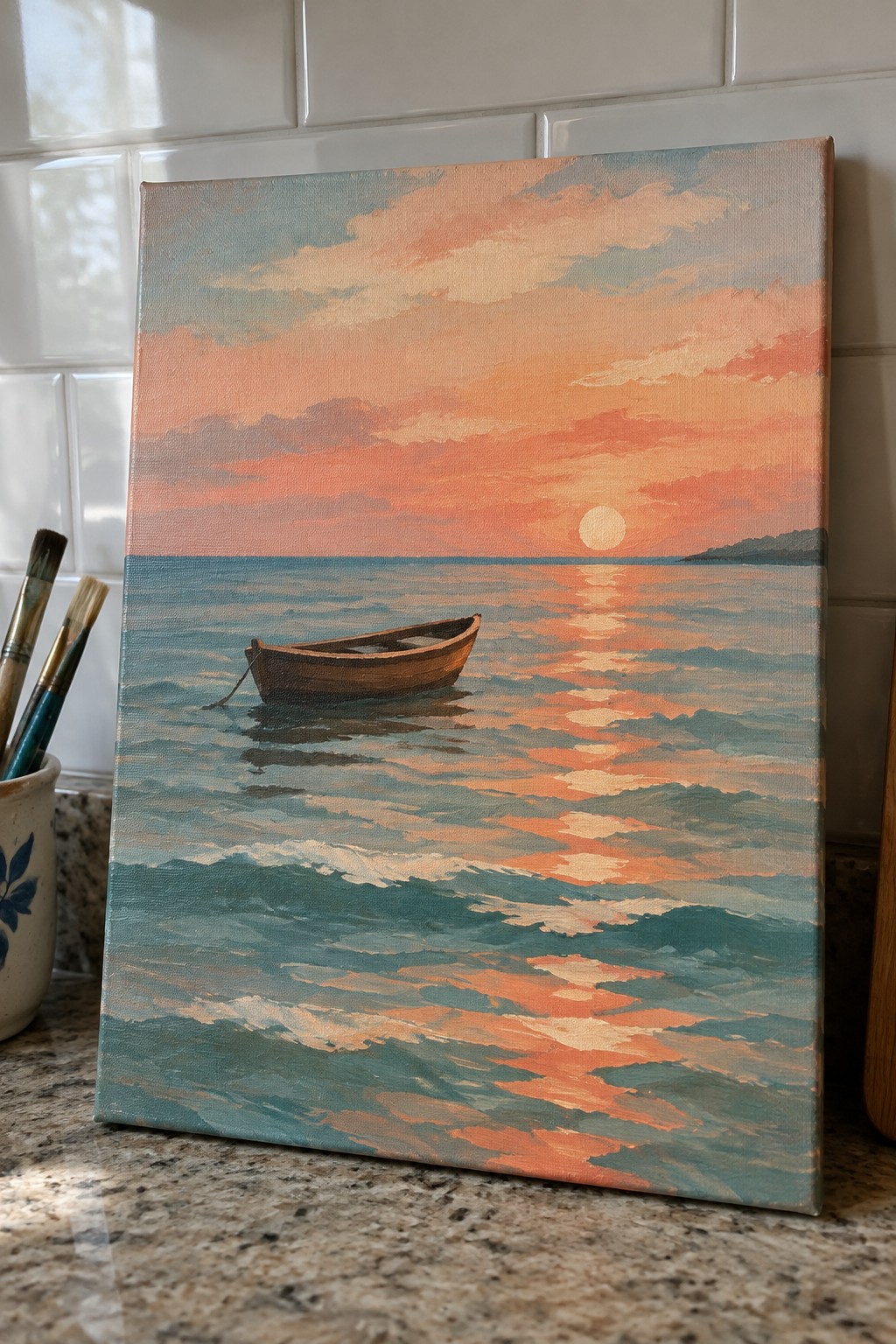 Orange sunset seascape painting with rowboat on waves, beside paintbrushes on granite counter