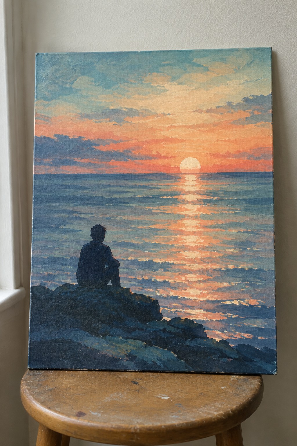Seascape painting of silhouetted figure on rocks viewing orange sunset over blue ocean