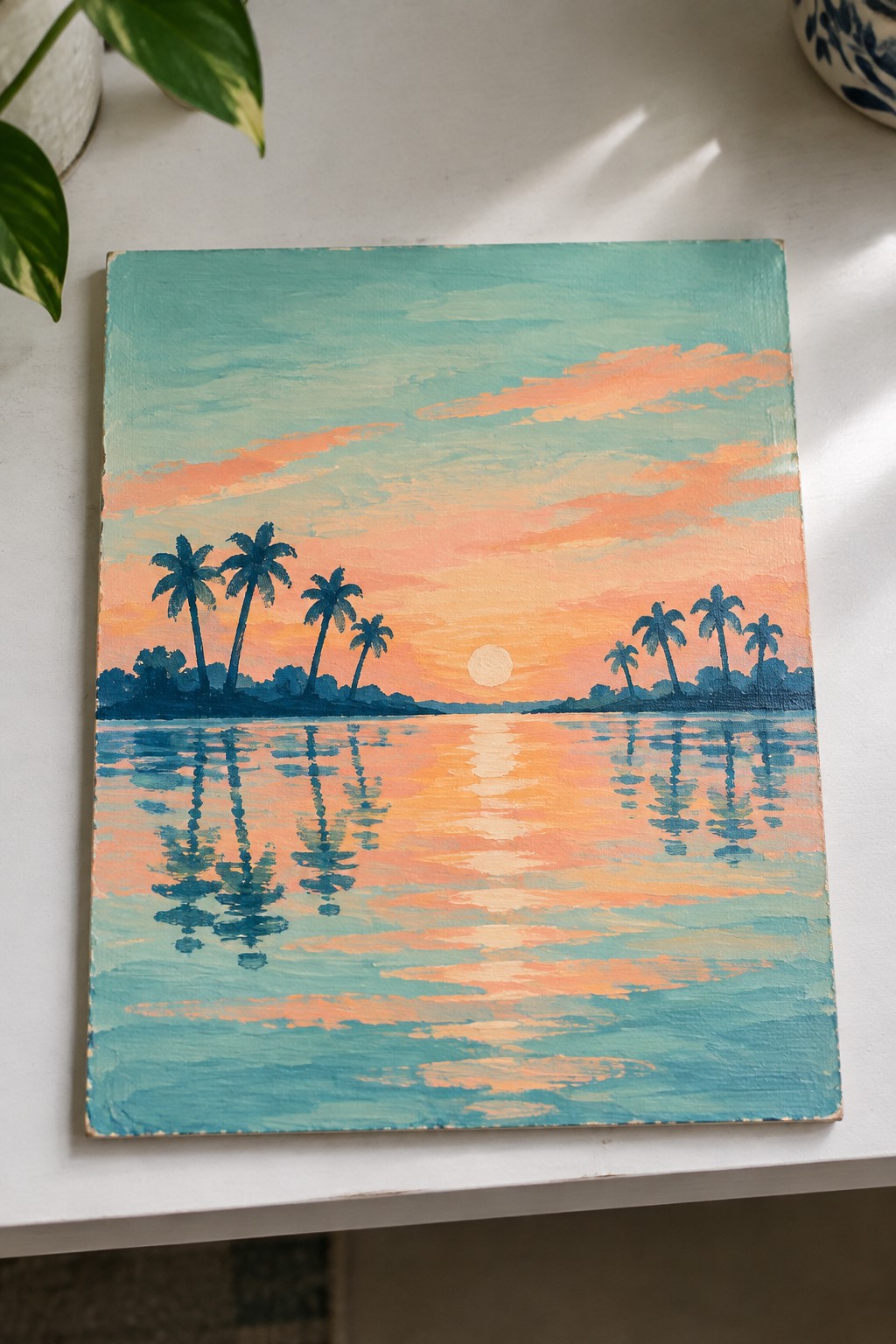 Teal and orange painting of sunset with palm trees reflected in water