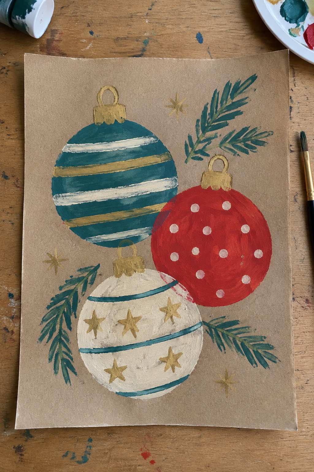 Three colorful painted Christmas ornaments with pine branches and gold stars on brown paper.