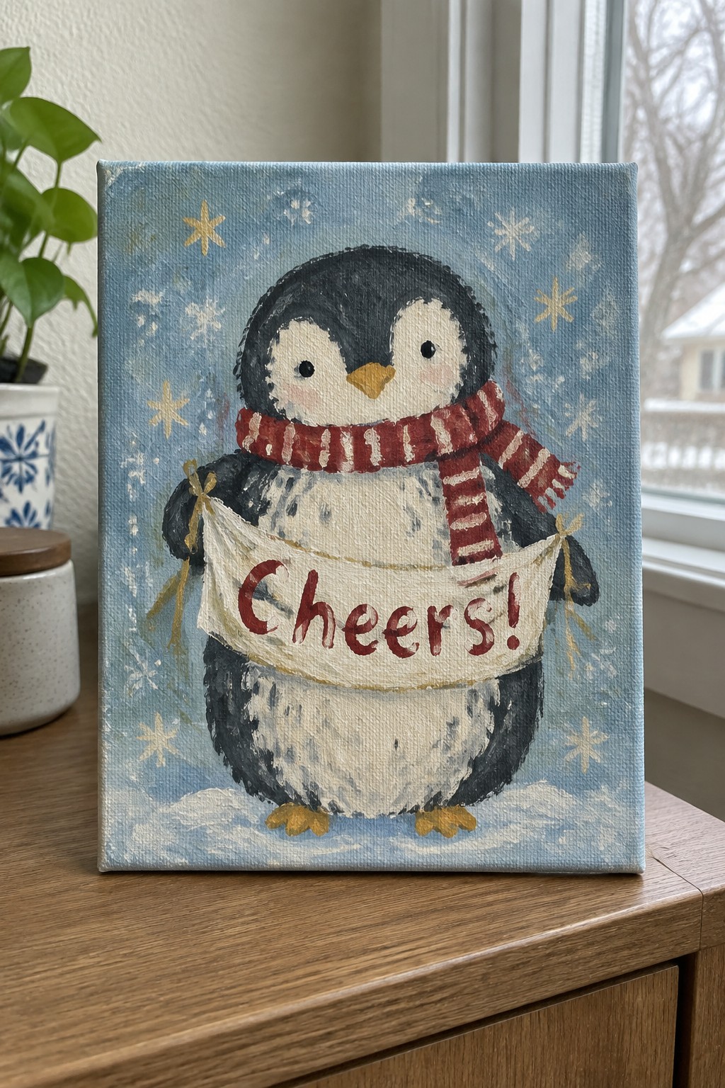 Cute penguin painting in red striped scarf holding Cheers banner with gold ribbons