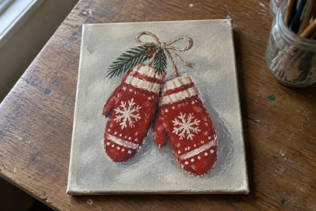 Red mittens with snowflakes hanging from twine bow beside pine sprig on canvas.