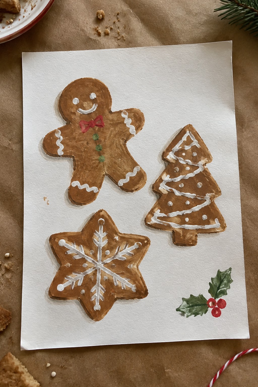 Watercolor painting of gingerbread man, tree, snowflake cookies with holly on paper