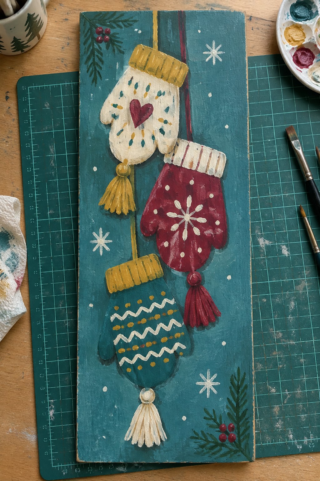 Three hanging mittens painted on teal wooden board with snowflakes and holly.