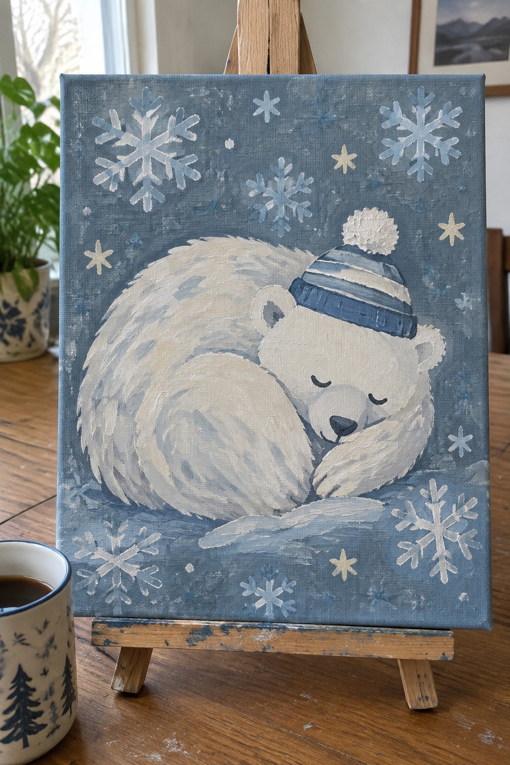 Sleeping polar bear in blue striped hat with pom-pom on snowy canvas with snowflakes