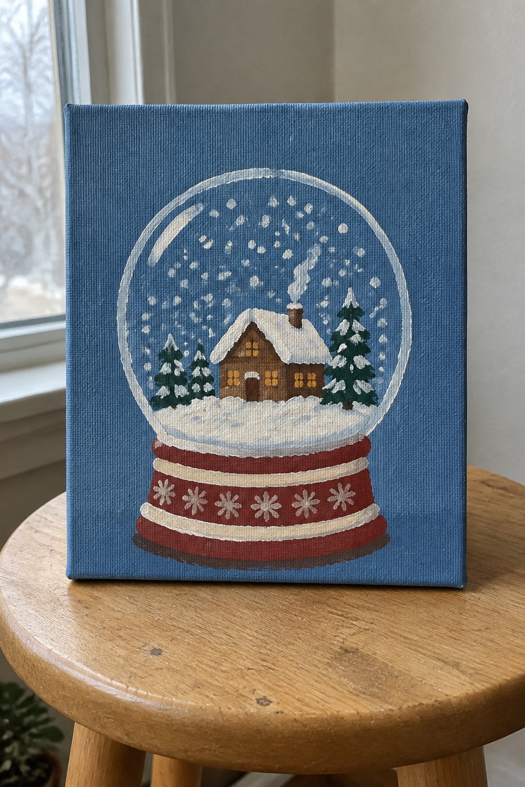 Snow globe painting with house, trees, and red base on blue canvas atop wooden stool