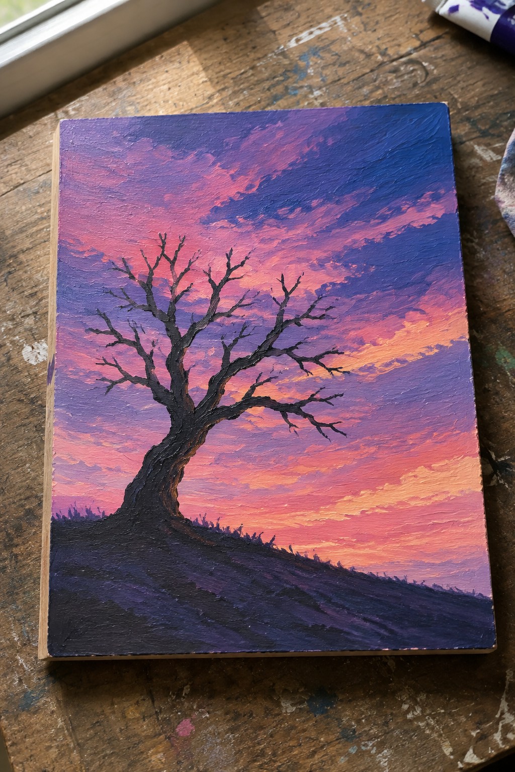 Gnarled bare tree silhouetted against vibrant purple pink orange sunset sky.