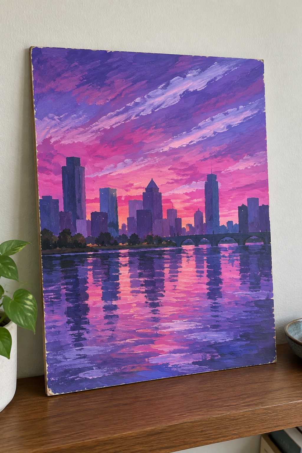 Vibrant purple-pink sunset painting of city skyline reflected in water with bridge