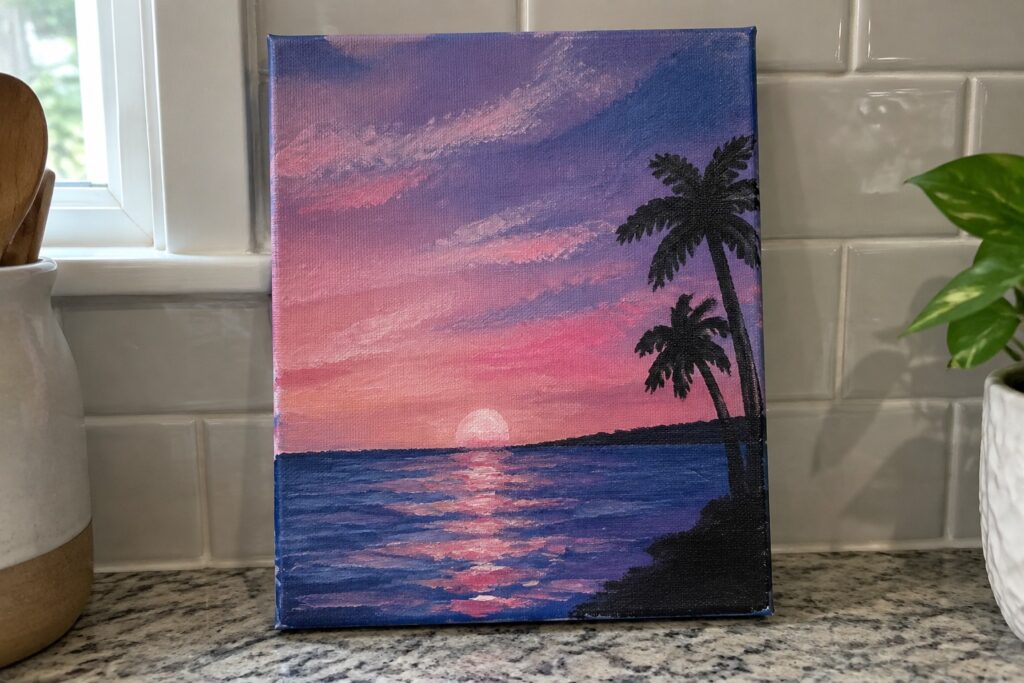 Canvas painting of sunset over ocean with gradient sky and two palm trees