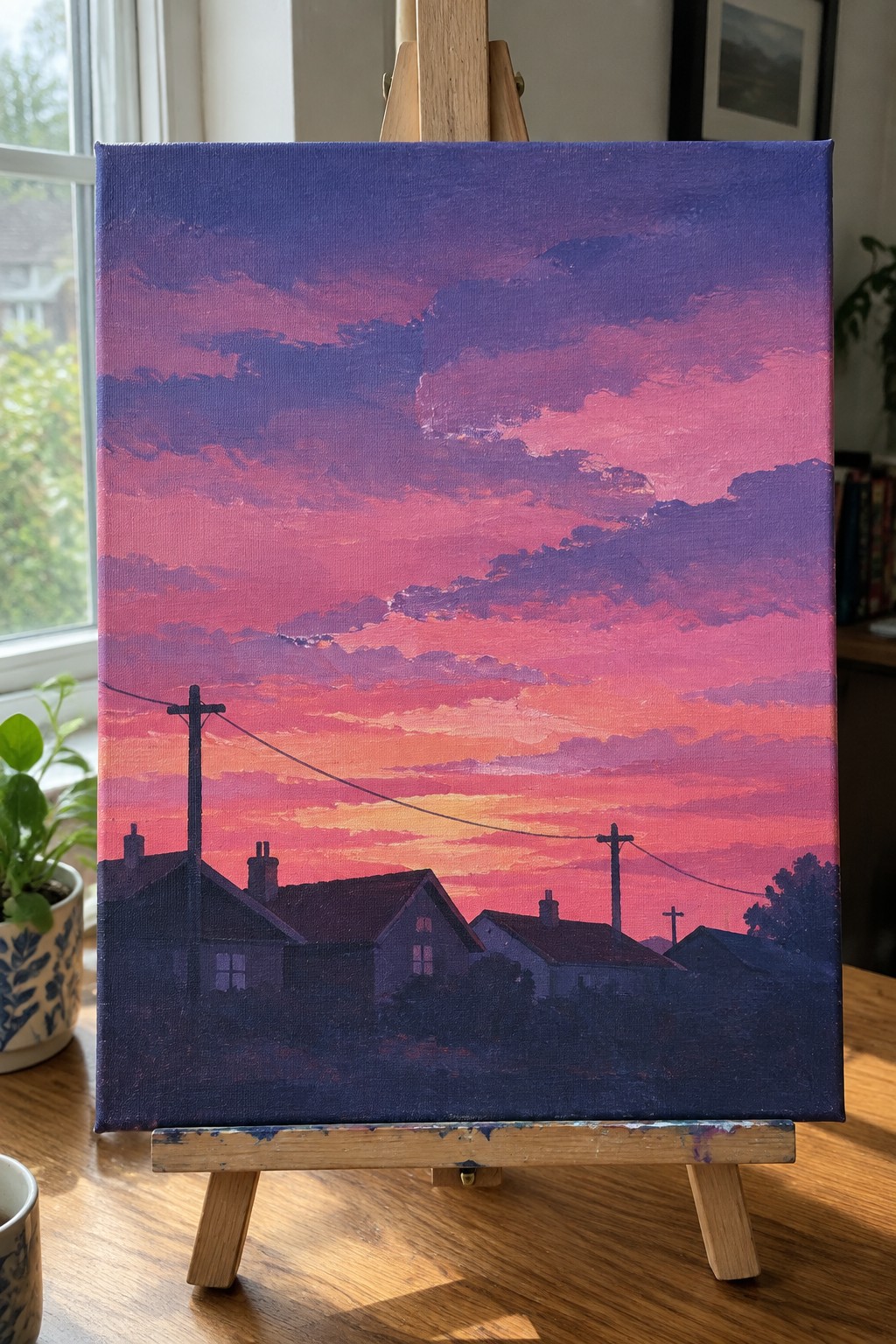 Painting on easel of pink-purple sunset over silhouetted houses and power lines