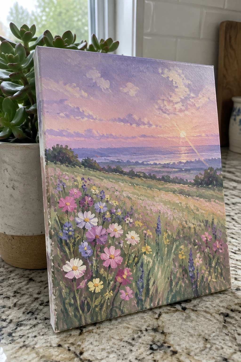 Acrylic painting of a wildflower field at sunset with pink and purple skies over distant hills and a visible sun, resting on a countertop beside a potted plant.
