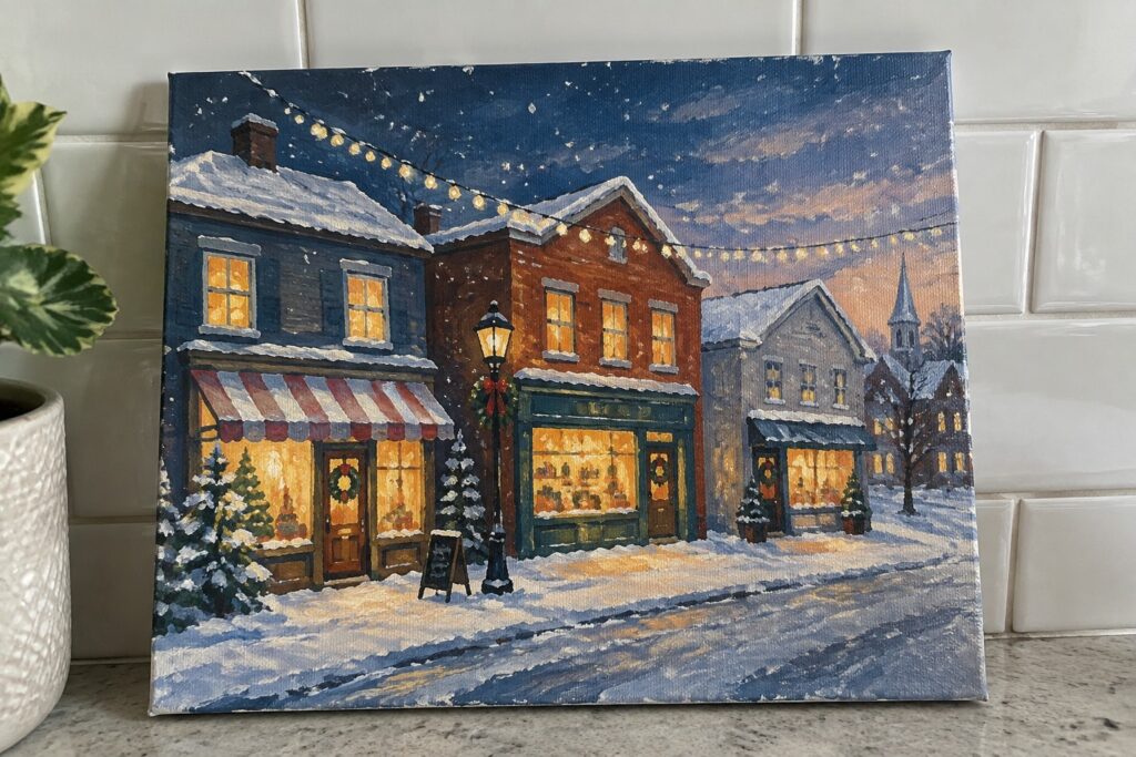 Snowy dusk painting of bookshop, bakery shops, string lights, wreaths, and church steeple.