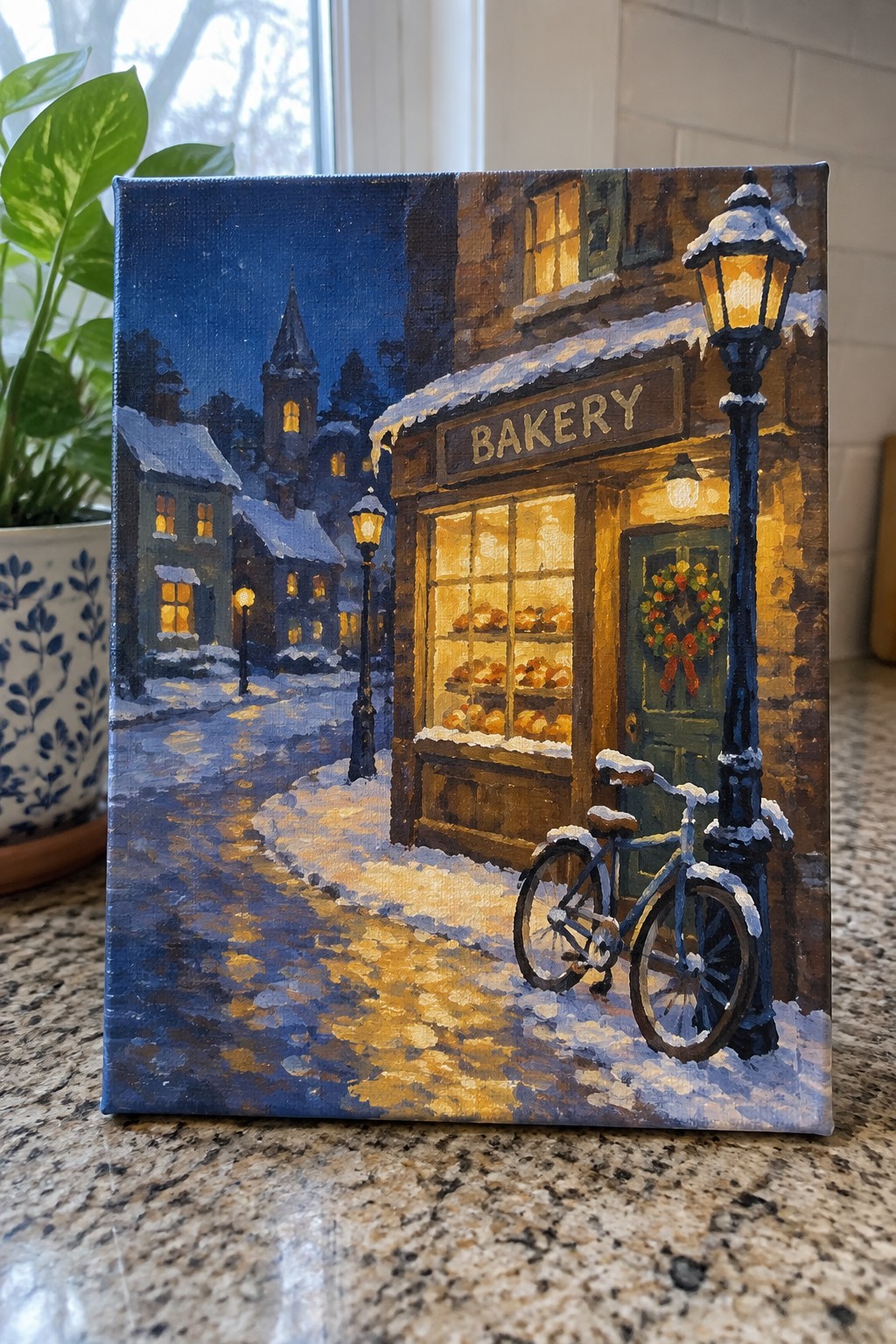 Painted snowy night scene of bakery with glowing windows and blue bicycle by lamppost.