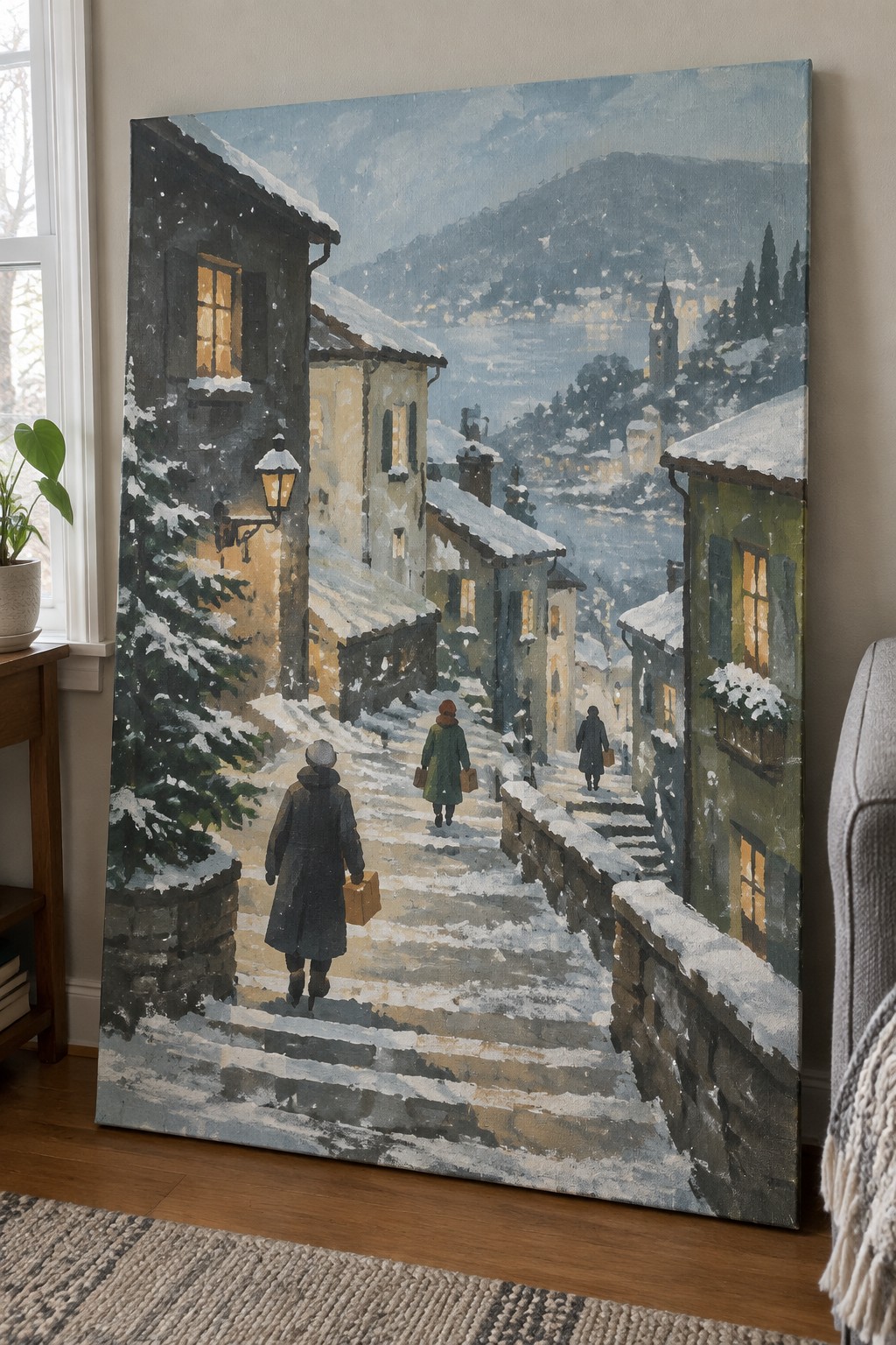 People in winter coats ascending snowy stone steps past glowing windows in a village painting
