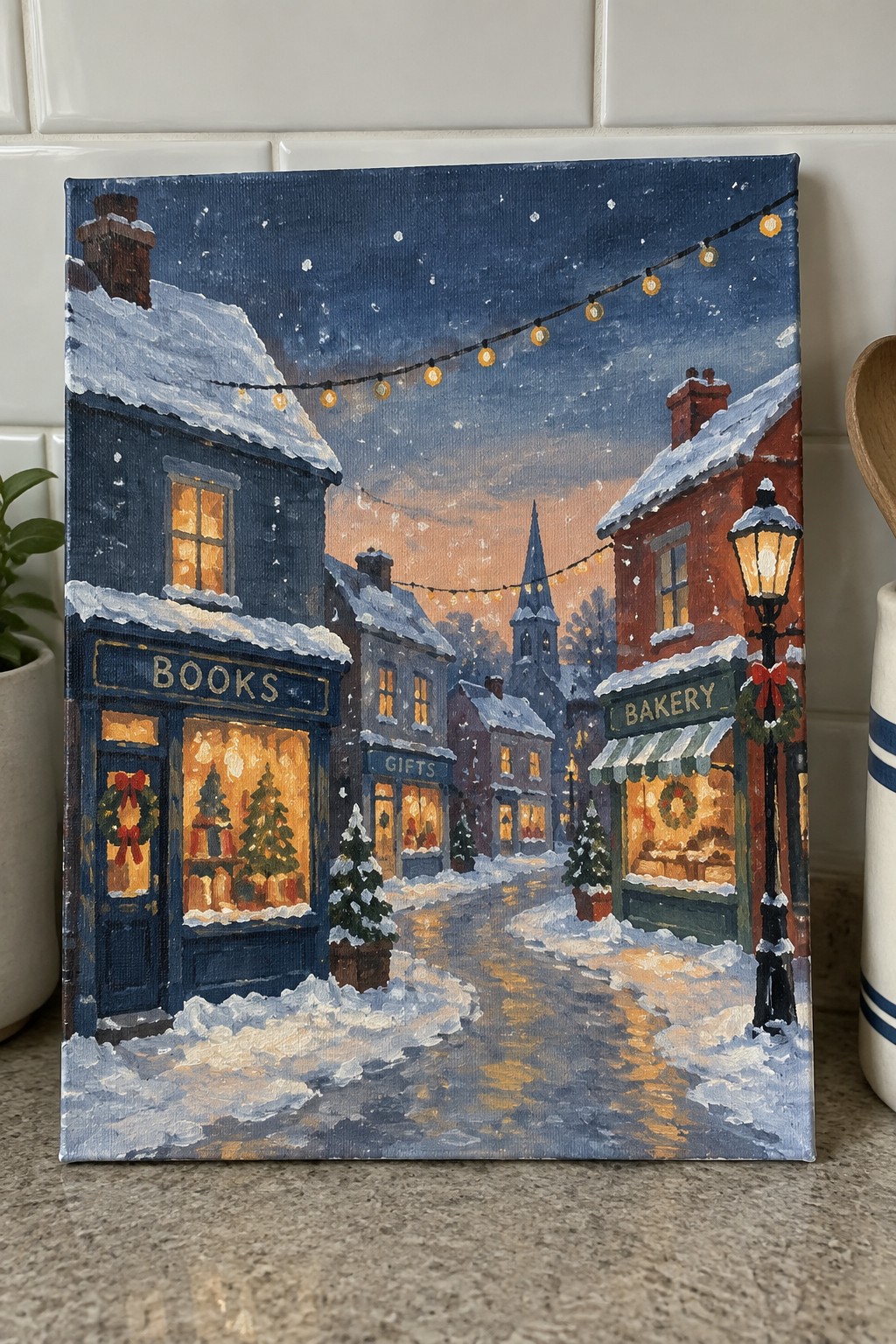 Snowy dusk painting of bookshop, bakery shops, string lights, wreaths, and church steeple.