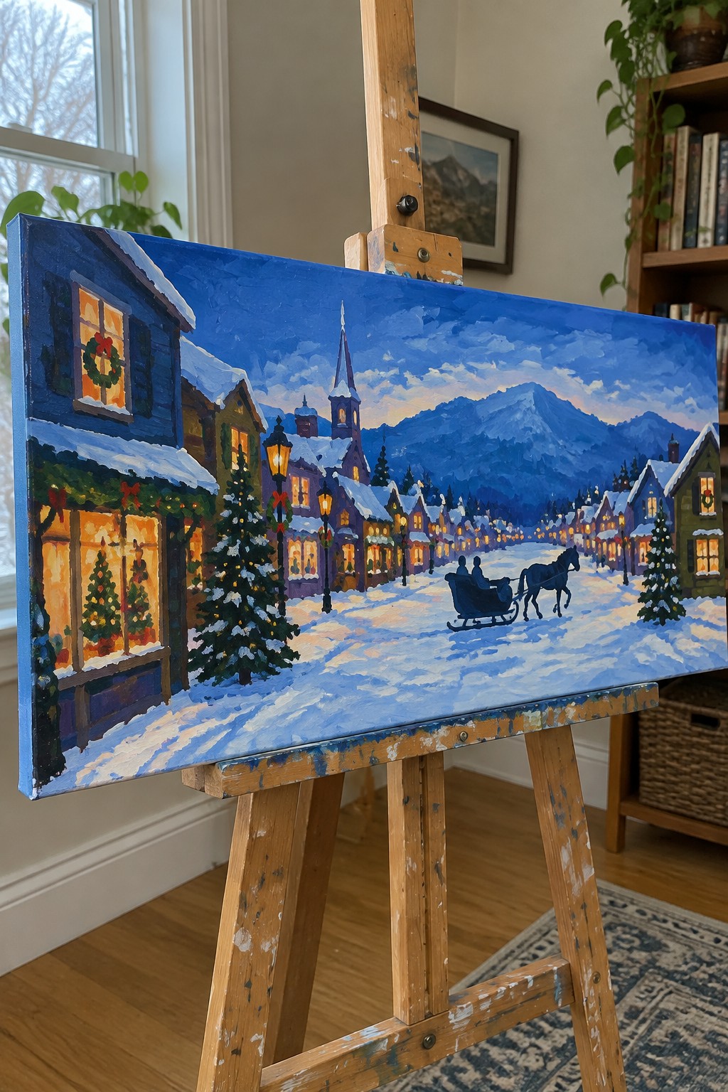 Colorful oil painting on easel of snowy Christmas village with horse-drawn sleigh at dusk
