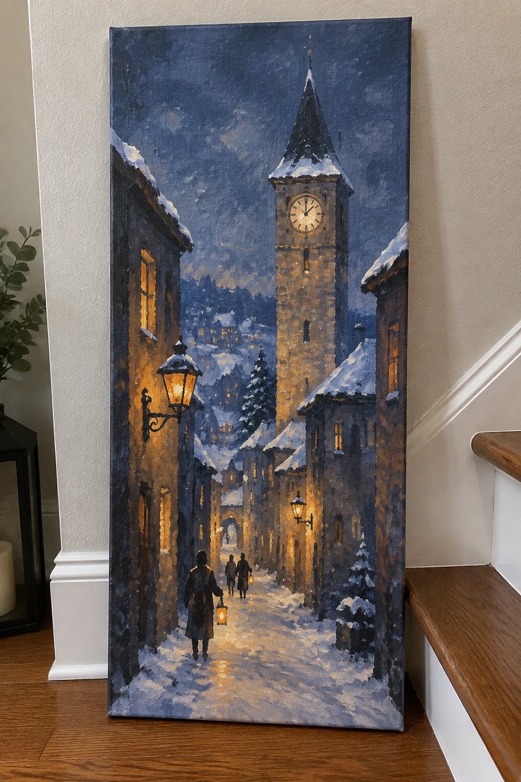 Oil painting of snowy night street with clock tower, glowing lanterns, and figures in coats.