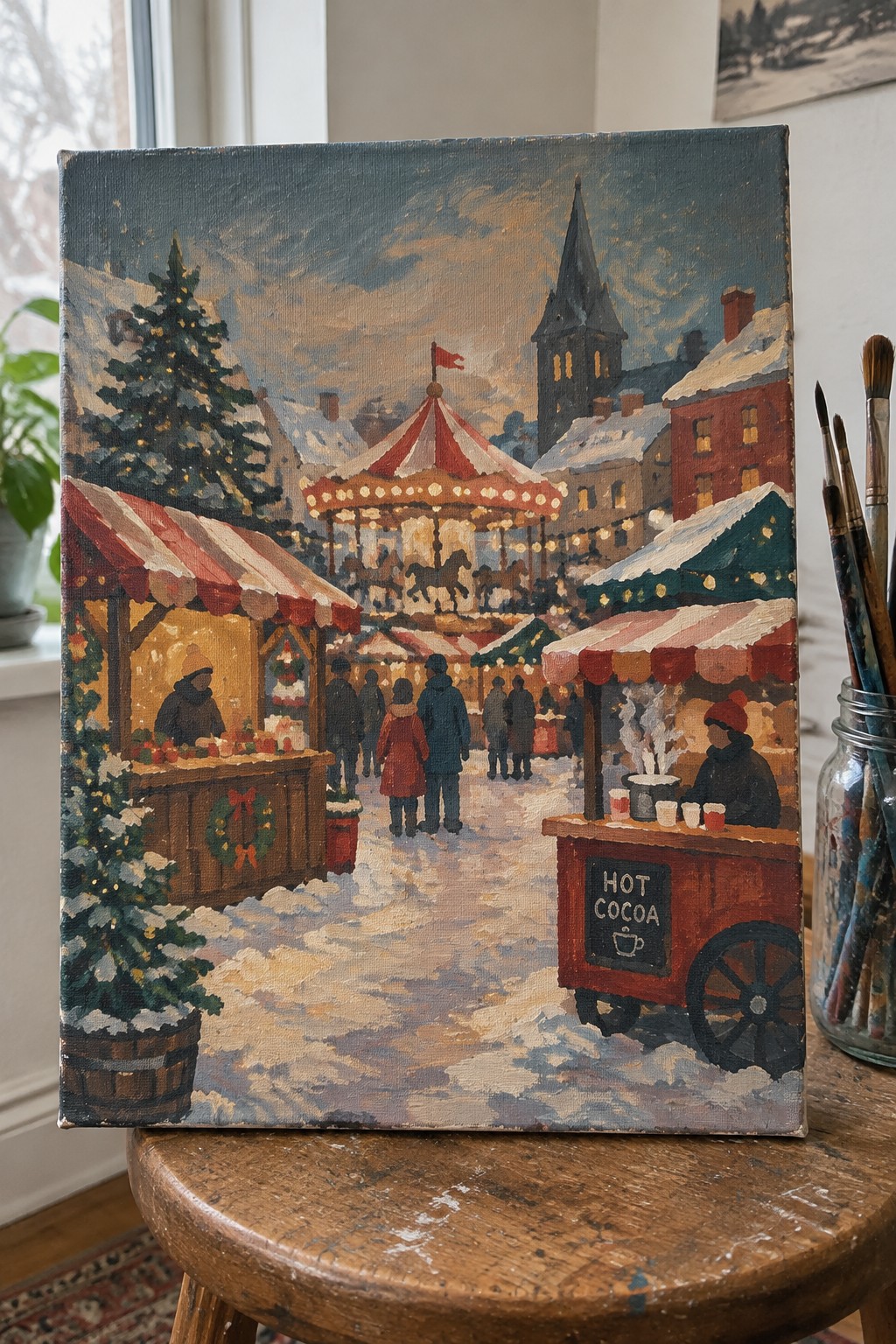 Oil painting of snowy Christmas market with glowing carousel, hot cocoa cart, and winter-clad figures.