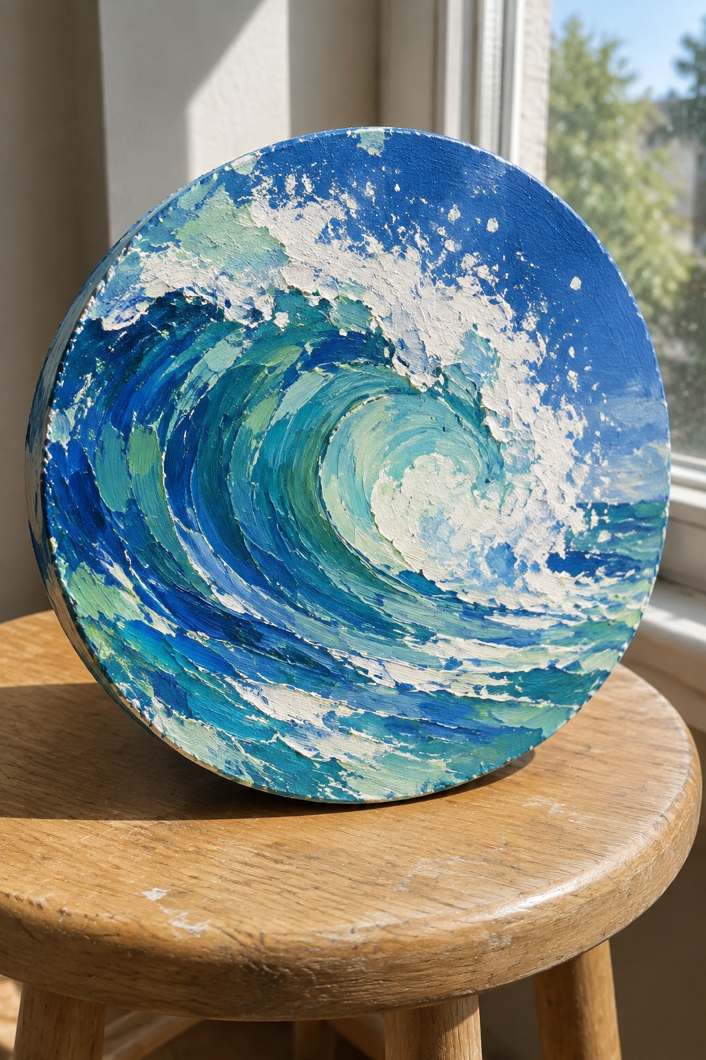 Round impasto painting of crashing blue ocean wave on wooden stool.