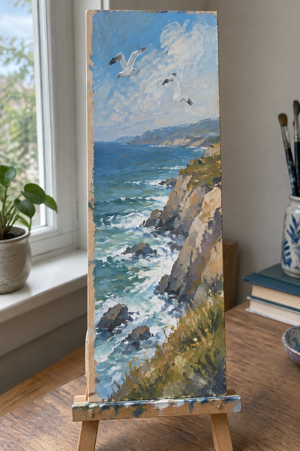 Oil painting of two seagulls soaring above rocky cliffs and blue ocean waves on easel