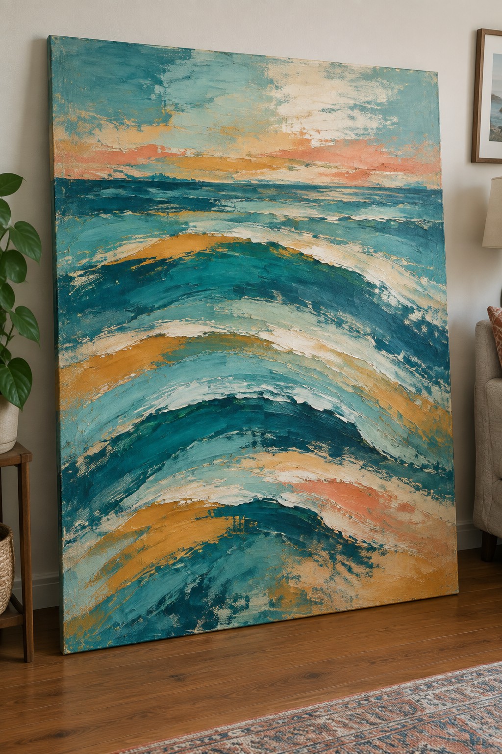 Large abstract painting of teal waves and sunset hues leaning on wall