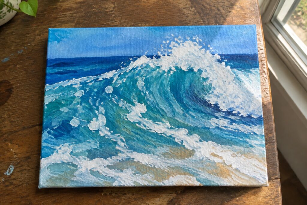 Curling blue ocean wave with white foam on canvas atop wooden table