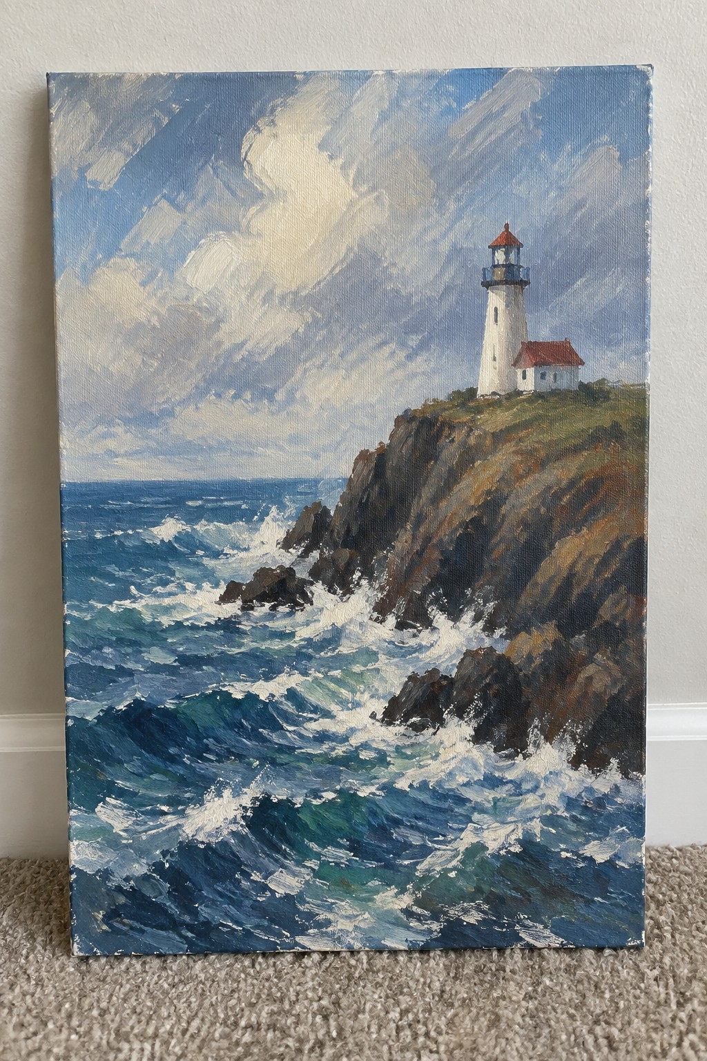 Oil painting of white lighthouse on rocky cliff above crashing blue ocean waves.