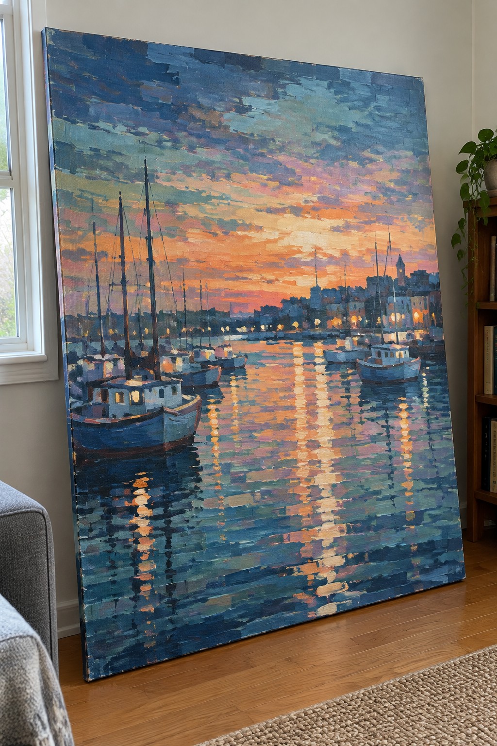 Large impressionistic painting of boats in harbor at vibrant orange-blue sunset with reflections