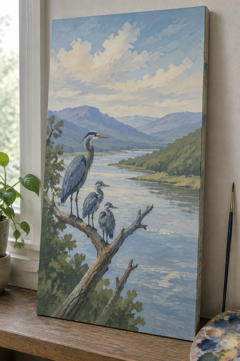 Oil painting of three herons on a branch above a winding river with mountains.