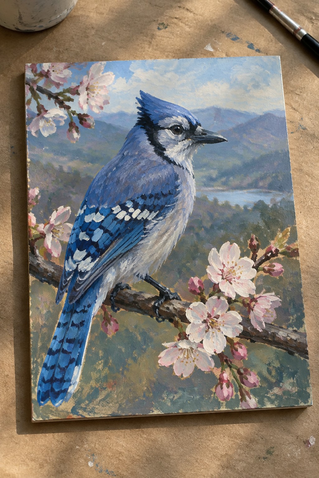 Realistic oil painting of blue jay on cherry blossom branch with mountain landscape.