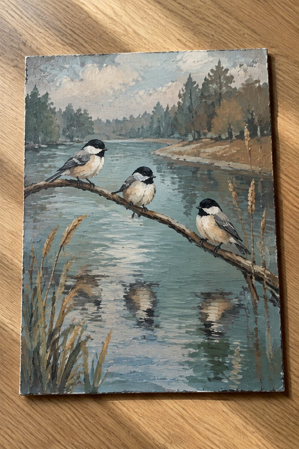 Three chickadees perch on a branch above calm reflective water with forested shore.