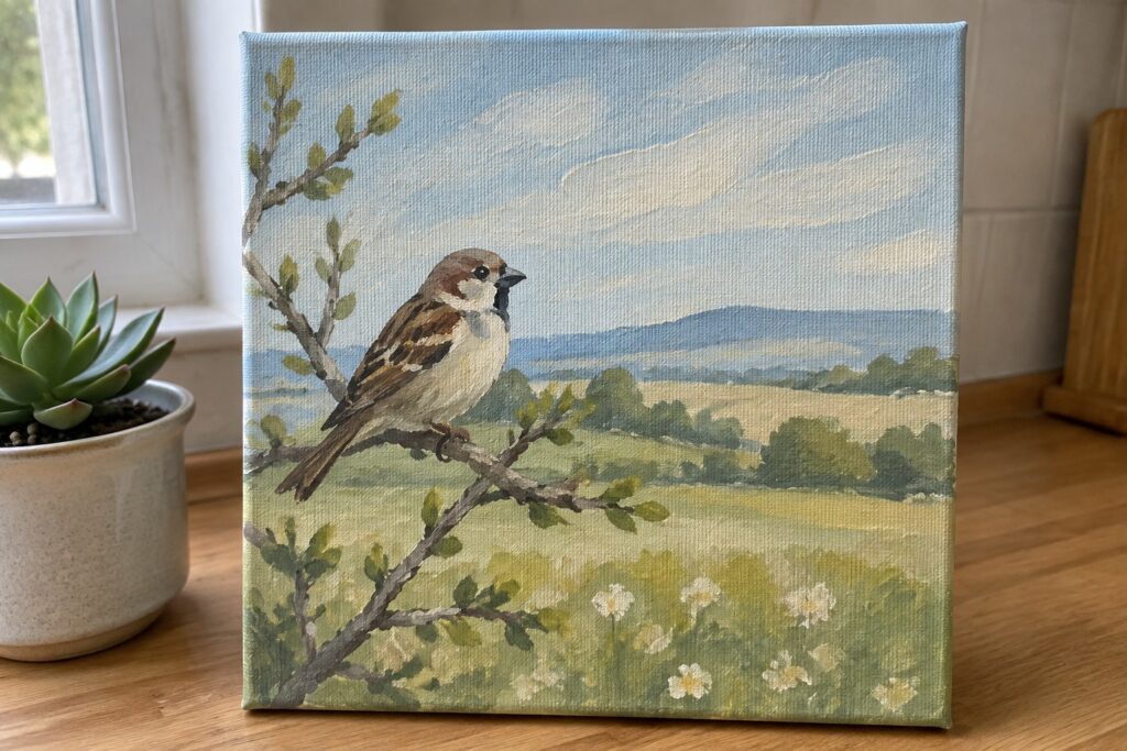 Painting of sparrow perched on flowering branch overlooking green hills and blue sky.