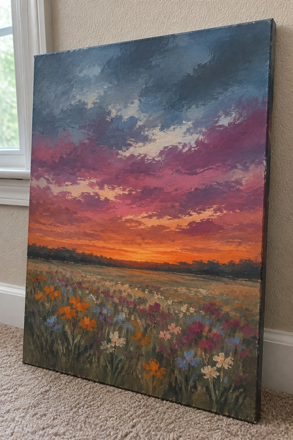 Vibrant oil painting of wildflower meadow under dramatic red-orange sunset sky on carpet.