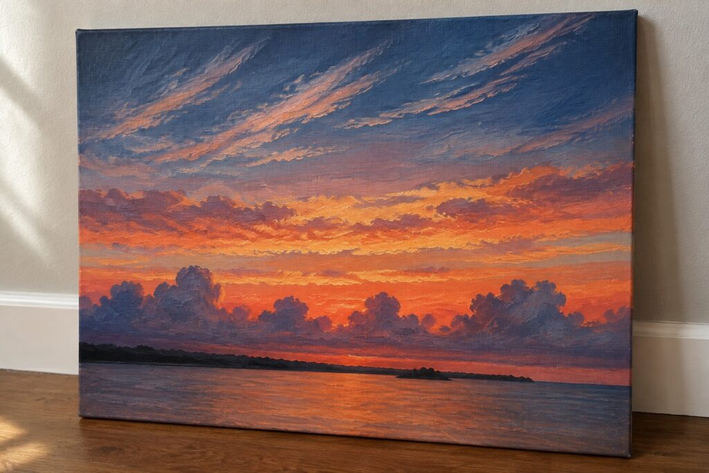 Colorful sunset painting with orange clouds over water on canvas leaning on floor